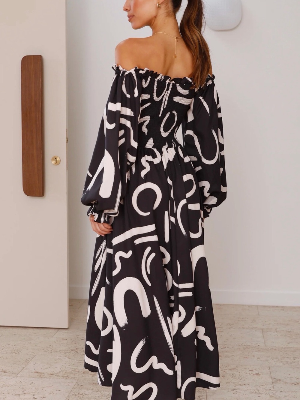 Off-Shoulder Black & White Patterned Maxi Dress with Side Slit - Picture 5 of 13